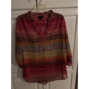 AB STUDIO Women's XL Geometric Print V‎ Neck Tunic Blouse Top Roll Tab Sleeves